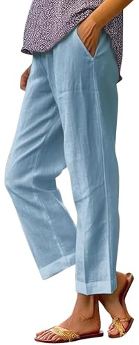 Pantalones de lino de algodón para mujer, pantalones de playa casuales de verano, pantalones de playa lisos, pierna recta, cordón elástico, pantalones ligeros y cómodos de pijama