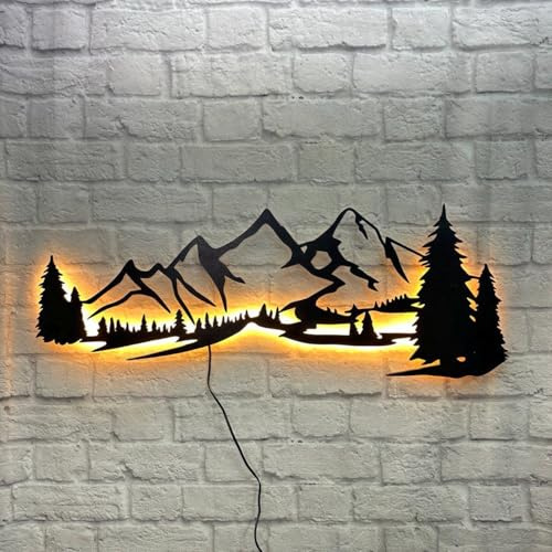 LED-Wandbild aus Holz – Berglandschaft mit Beleuchtung – Geschenk für Bergsteiger & Wanderfreunde – Deko für Wohnzimmer, Flur oder Berghütte – Holzschild mit LED-Licht