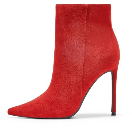 GENSHUO Botines para Mujer Punta Puntiaguda 11 cm Tacón Alto Cremallera Tacones de Aguja Botines de Otoño, ante rojo, 42 EU