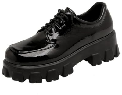 Mocasines Suaves De Charol para Mujer Tacón Alto Grueso Uniforme Zapatos De Vestir Cordones Zapatos De Oficina con Plataforma,Negro,35 EU