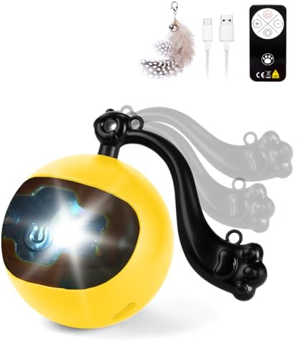AUYAO Interaktives Katzenspielzeug Elektrisch Katzenball Spielzeug Gelb | LED Automatischer 360° Rollbal Interaktives Katzenspielzeug Selbstbeschäftigung USB Ladefunktion Ball Elektrisch