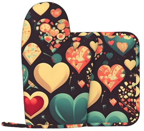 Set di guanti da forno e presine a forma di cuore schiacciato con fiori. Set di guanti da forno e presine, antiscivolo, resistenti al calore