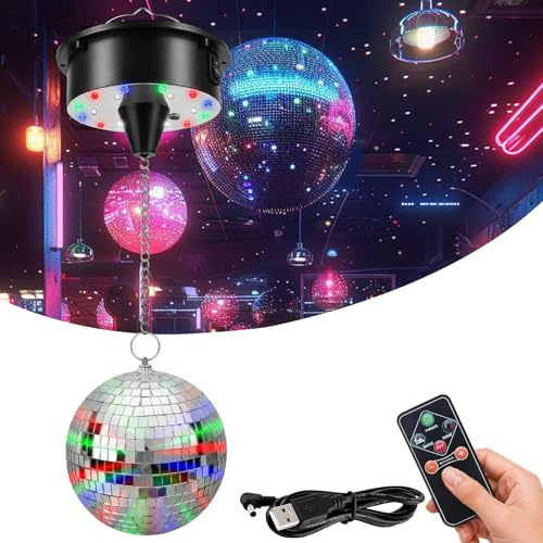 Zenselect discokula med motor och ljus, spegelkula med roterande motor och fjärrkontroll med 6 knappar, 15 cm diskokula med 4 färgglada lampor – 18 LED-pärlor för festdekoration bandbar