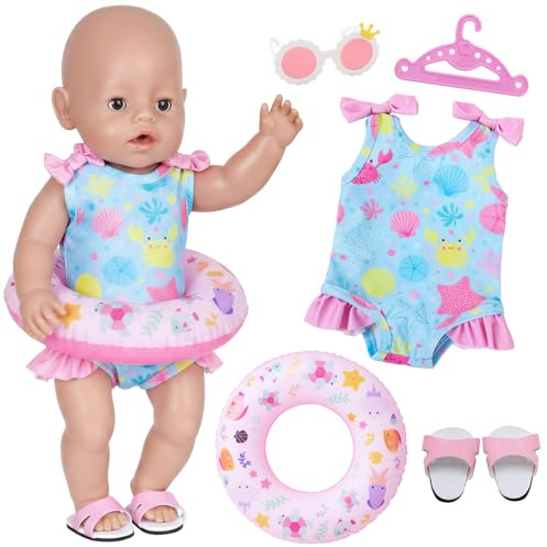 5 Stück Puppenkleidung Badeanzug für 35-43 cm Puppen, Muscheln & Seesterne Puppenkleidung mit Schwimmrock, Schwimmring, Schuhen, Sonnenbrille, Kleiderbügel, für 14-17 Zoll Puppen, Geschen für Mädchen