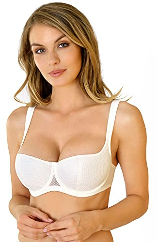 Rosme Women's Balconette Bra with Push Up Effect – Plus Size Sexy Lace Demi Half Cup Bra – Lightly Padded Underwired Low Cut Mesh Design Kamila, Ivory, Size 38C
