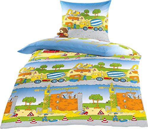 Bierbaum Kinder Fein - Biber Bettwäsche 2 TLG. 135x200cm Baustelle Baufahrzeuge