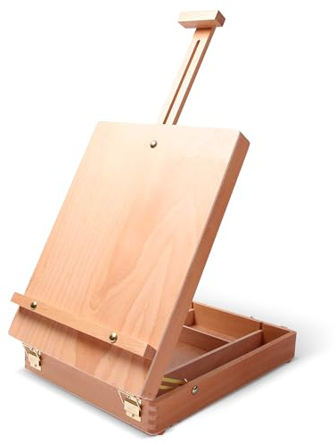 ARTISTIK Wooden Tabletop Box Easel with Adjustable Height & Angle – Solid Beechwood Artist Easel for Sketching & Painting – Portable Storage Art Box with Sturdy Handle