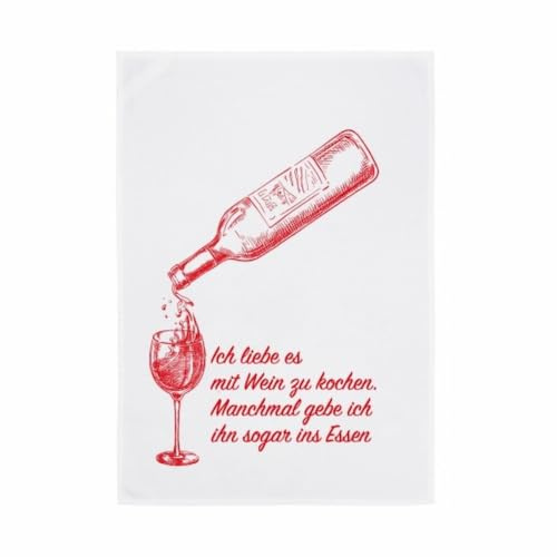 Geschirrtuch weiss, ICH LIEBE ES MIT WEIN ZU KOCHEN: MANCHMAL GEBE ICH IHN SOGAR INS ESSEN, rot