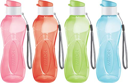 MILTON Water Bottle Kids Reusable Leakproof 17 Oz 4-Pack Plastic Wide Mouth Large Big Drink Bottle BPA & Leak Free with Handle Strap Carrier for Cycling Camping Hiking Gym Yoga (Bright colors)