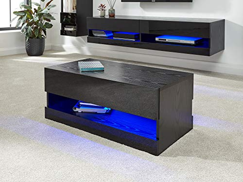 GFW Galicia Floor LED Coffee Table & TV Unit For Living Entertainment Room With Storage Space High Gloss Table Suitable For Living Room & Bedroom Engineered Wood, Black, H-30cm x W-75cm x D-38cm