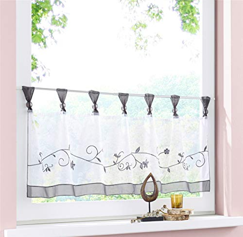 Dreamskull Scheibengardine Voile Bistrogardine Landhaus Küche Kurz Modern Kurzstores Gardinen Kurzgardine Küchengardine Transparent 45 cm Hoch Weiß mit Schlaufen Stickerei Kleinfenster HxB 45x90cm