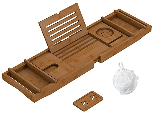 Bamboo Bathtub Tray for Luxury Bathroom, Expandable Premium Bath Tray with Soap Towel Book Holder, Luxury Spa Wooden Bath Table for Reading Laptop Over The Clawfoot Walnut