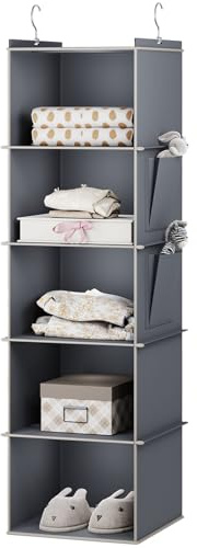 YOUDENOVA Hängeregal Schrankorganizer Stabiler Kleiderschrank Organizer Hängeaufbewahrung Ordnungssystem mit MDF-Platten und Bambus-Stock verstärkt 5 Fächer Grau | Spind-/Wohnmobil-Organizer, 2 Seitentaschen, Hängeregale für kleinen Schrank, Schlafsaal-Essentials für Jungs, Vliesstoff