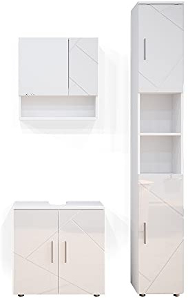 Vicco Badmöbel-Set Irma, Weiß Hochglanz, 80 cm | besteht aus Waschbeckenunterschrank, Spiegelschrank und Hochschrank