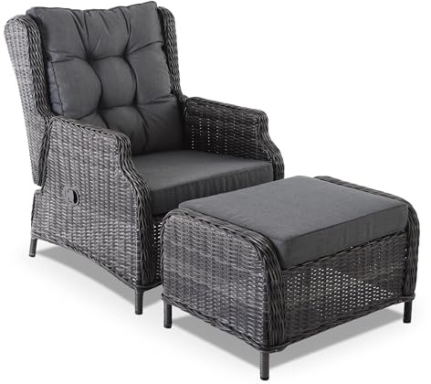 Raburg Gartenstuhl mit Relaxfunktion, Gartensessel-Set mit Hocker, inkl. bequemen Polstern, 130 kg Belastbarkeit, pflegeleichtes & wetterfestes Polyrattan - Sophia | Braun/Dunkelgrau