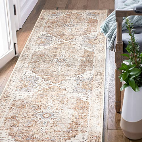 TOPICK Läufer 60x210cm Flur Waschbar Küche Läufer Kurzflor Retro Ziegelort Blume Orientalischer Teppich Faltbar rutschfest Dünn Teppich für Brücken Schlafzimmer Wohnzimmer Flur