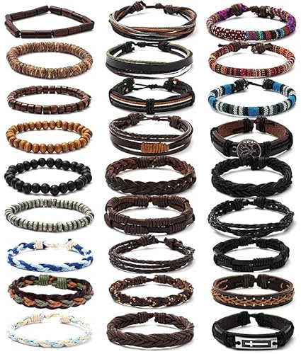 FIRAZIO 27Pcs Braided Leather Bracelets for Men Women Wrap Wood Beads Cuff Bracelet Hemp Cords Ethnic Tribal Handmade Wrap Wristband Bracelets Set Adjustable