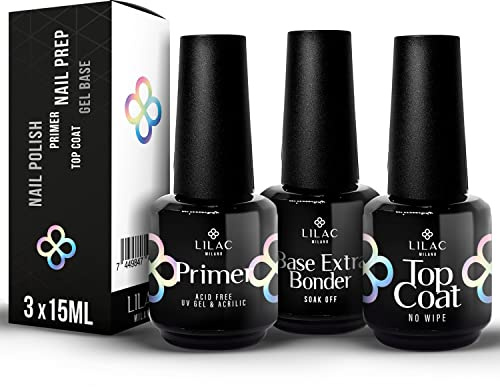 LILAC Kit preparatori e sigillante Primer Unghie Gel, Base Extra Bonder per Semipermanente Unghie, Top Coat Semipermanente per Smalto Semipermanente, Gel Unghie, Gel Ricostruzione Unghie, Acrygel