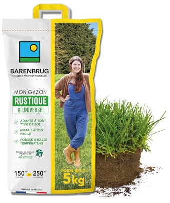BARENBRUG - Gazon Rustique & Universel - Adapté Tous Sols - Installation Facile et Rapide - Pousse à Basse Température - Engrais Compatible Agriculture Biologique - Fabriqué en France - 5KG