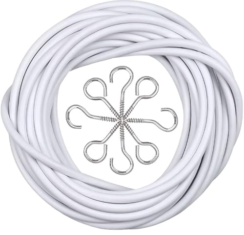 ANGIX Dehnbarer Gardinendraht | Mehrzweckschnur mit 6 Haken und 6 Ösen | perfekt für Vorhänge, kleine Fenster, Glasscheiben, Türen und Wohnwagen | Dekoration Netz Voile Vorhang Kabel