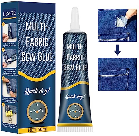 Colla per Tessuti,Colla per Tessuto,Cuce Colla Liquido, Cuce Colla Liquido per Tessuto,Sew Glue,Adesivo Impermeabile Trasparente Permanente,per Tutti Abbigliamento e Tessuti, Denim in Pelle,50ML
