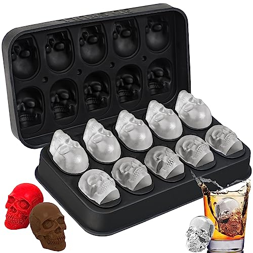 Webake Totenkopf-Eiswürfelform, 3D, 10 Mulden, Skelettkopf, Silikon-Eisform mit Deckel und Trichter für Whiskey, Cocktail, wiederverwendbar, für Halloween, Gips, Backen, Schokolade, Süßigkeiten