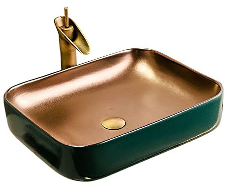 Badezimmer-Waschbecken, Badezimmer-Waschbecken, vergoldetes rechteckiges Aufsatzwaschbecken, Keramik-Waschbecken, Waschschüssel, Badezimmer-Haushaltskunst-Waschbecken, Badezimmer-Waschbecken (Noir) (