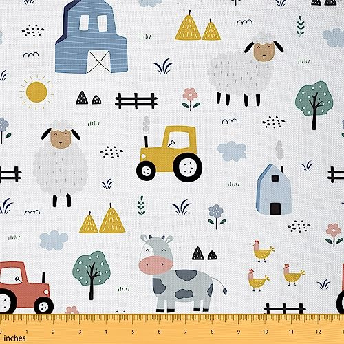 Bauernhaus Stoff Durch den Hof,Nette Kuh Schaf Huhn Polsterung Stoff,Rote Gelbe Farm Traktoren Dekorations Stoff,Cartoon Farm Tiere Im Freien Stoff für Kinder Jungen Kleidung Nähen,92x150 (HxB)