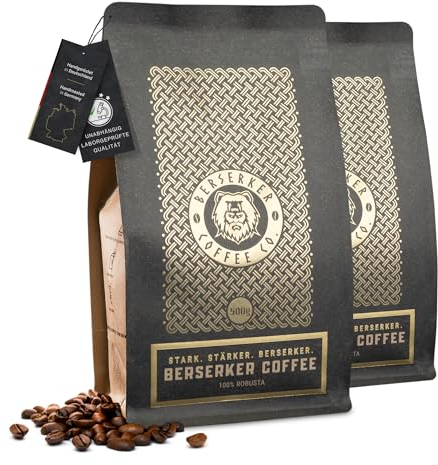 BERSERKER COFFEE - Extra starker Kaffee, 100% Robusta Kaffeebohnen, 2x500g - 3x soviel Koffein wie 08/15-Kaffee, säurearm - GANZE BOHNE