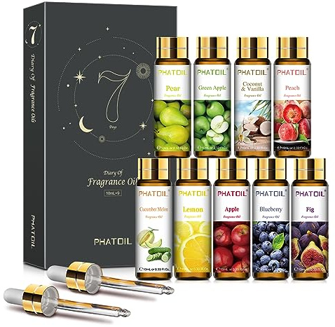 PHATOIL 9PCS Fruit Fragrance Oil Set for Soap Making Diffusers, 10ml/0.33fl.oz Cucumber Melon, Coconut & Vanilla, Peach, Pear, Green Apple, Blueberry, Apple, Fig, Lemon Fragrance Oil Essential Oils