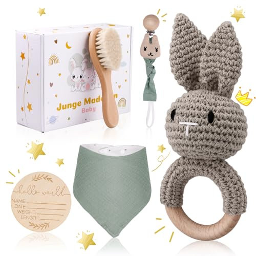 Baby Geschenk Junge & Mädchen - 100% Baumwolle Handmade Geschenk zur Geburt | Bib, Beißring-Rassel, Bürste, Schnullerkette，Holz Meilensteinkarten | geschenk zur geburt mädchen junge baby set（Green）