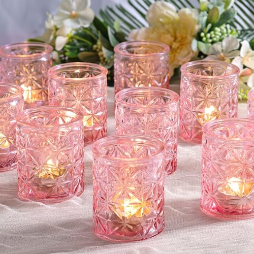 Azuritek 12 Stück Rosa Teelichthalter, Glas Teelichtgläser, 6,6 X 5,3 cm | Langlebig und Hochwertige Kerzenhalter, Geeignet kerzengläser für Weihnachten, Partys, Festivals, Hochzeiten, Heimdekoration