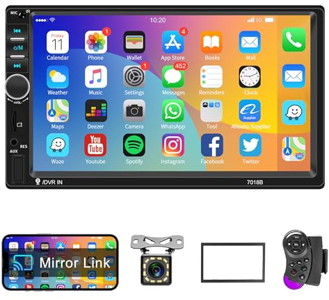 Rimoody Autoradio 2 Din con Bluetooth Vivavoce IOS/Android Mirror Link 7 Pollici Touchscreen Autoradio Doppio Din con Bluetooth FM Radio/USB/AUX/TF/DVR/EQ Controllo del Volante Telecamera Posteriore