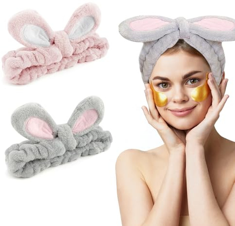 Wekuw 2 Piezas Diadema Maquillaje Mujer, Felpa Cinta Pelo Maquillaje Orejas de Conejo, Felpa Pelo Mujer,Diadema Skincare para Spa, Ducha, Limpieza Facial, Maquillaje (2 Colores)
