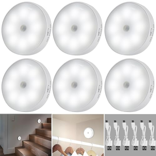 Vinsamhet 6 stycken 8 LED-nattlampor med rörelsedetektor, LED-skåpbelysning trappbelysning, USB-uppladdningsbar, 3 lägen auto/på/av, för hall, trappa, sovrum, kök, skåp (A)