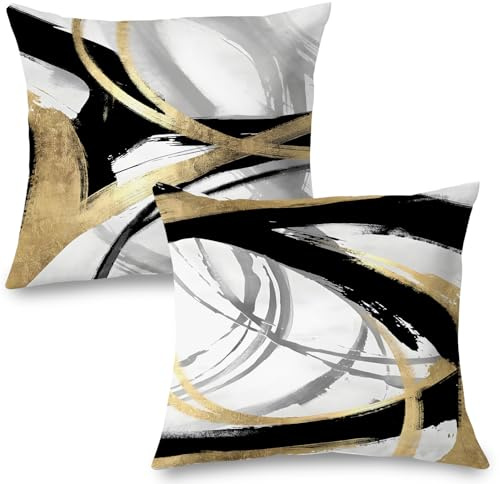 Supwhd Black White and Gold Pillow Covers, Abstract Black and Gold Pillow Covers 18x18 Set of 2, Modern Boho Home Decor, Black and Gold Decorative Throw Pillows Cover for Couch Living Room Bedroom