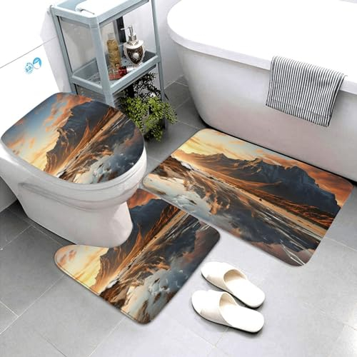 Badezimmerteppich-Set, 3-teilig, weich saugfähig, Badteppich, Berg bei Sonnenaufgang, U-förmiger WC-Vorleger und WC-Deckelbezug, rutschfester Badteppich, Teppich für Badezimmer, WC