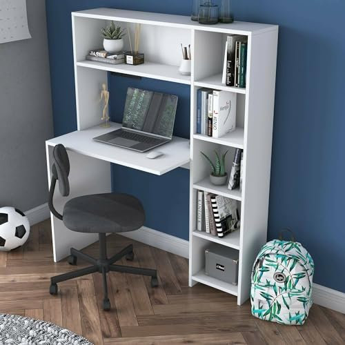 Dmora - Scrivania Callidora, Scrittoio Multiuso, Tavolo per Ufficio Porta PC, Piano di Lavoro, Bianco, Lunghezza: 113,2 cm Larghezza: 40cm Altezza: 141,8 cm