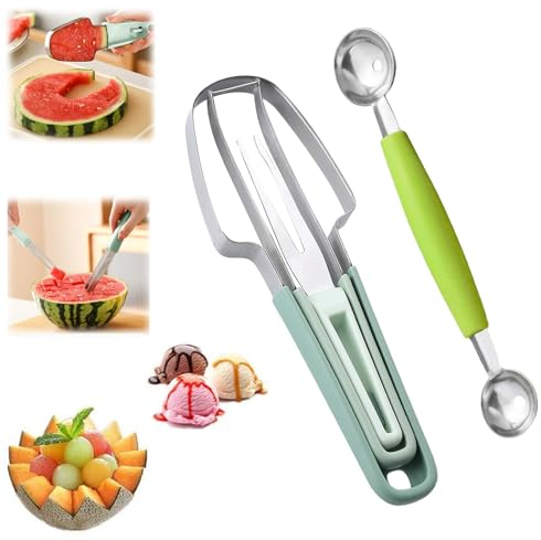 Melonenschneider Edelstahl 3-in-1 Wassermelonen Schneider,Obstschneider Melone,Melonenmesser,Melonen Schneider,Melonenausstecher mit Kugelausstecher und Portabilität Obst Gabel