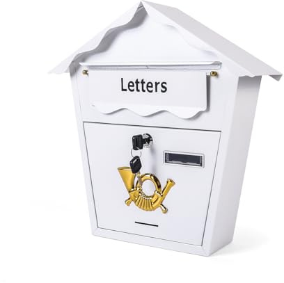 Top Home Solutions® Wall Mounted Post Box – Lockable with 2 Keys, Nameplate, Durable Powder Coated Metal, Large Outside Letter Box – 36H x 36W x 10D cm (White, Horn Design)