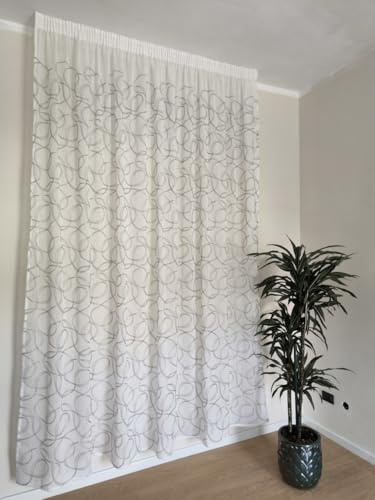 mauro Cortina semitransparentes con Cinta fruncidora para riel a Medida - Tejido Blanco Bordado Gris, Ancho 280 cm, para rieles de 140/170 cm, Altura 180-280 cm - 280 x 210 cm