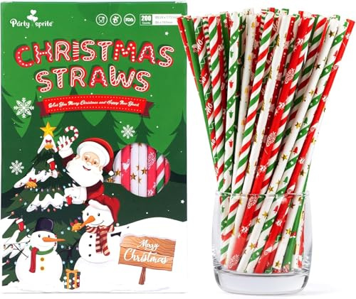 200 Pailles en Papier de Noël - Rouge, Vert et Or avec Flocons de Neige - Idéales pour Décorer vos Fêtes de Noël, Nouvel An et Vacances
