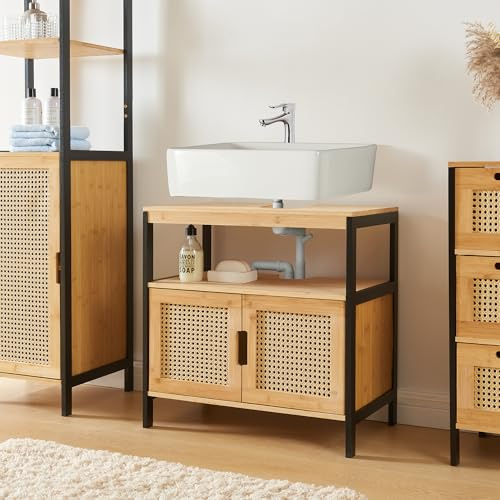 [en.casa] Tvättställsskåp Tervola badrumsskåp med två skåpdörrar underskåp badrumsskåp 60 x 60 x 35 cm svart/bambu