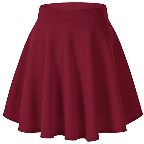 Kvinnors vardagliga stretchiga midja utsvängda minikjolar elegant A-linje dra på skater-kjol, Vinrött, XXL