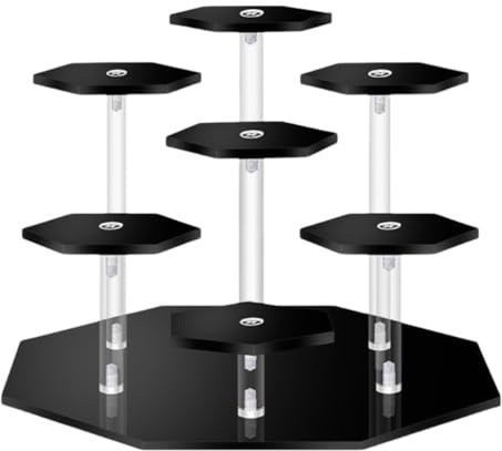 Mausouca Klarer Acryl-Display-Ständer, Sechseckiger Acryl-Display-Riser-Regal für Actionfiguren-Display, Kleiner Schmuck, Mini-Parfüm (Schwarz, 7-stufig)