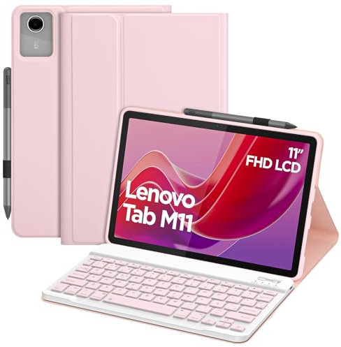 Bettdow Funda con Teclado para Lenovo Tab M11 2024 TB330FU/TB330XU, Desmontable Español Ñ Teclado con Funda Protectora para Lenovo Tablet M11 2024 11 Pulgadas, Rosa
