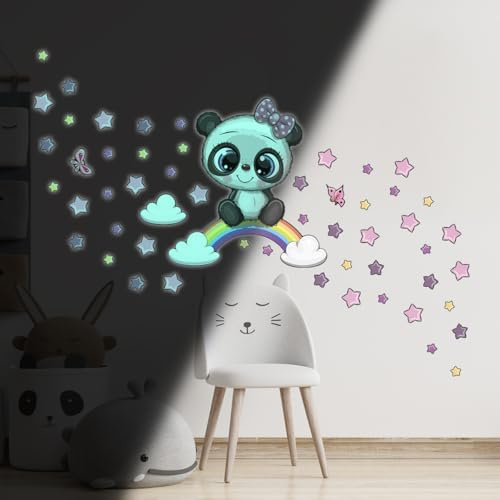 Ambiance Sticker Phosphorescent Lumineux Autocollant Mural Plafond Enfant Fluorescent Panda sur Arc-en-Ciel - H85 x L80 cm
