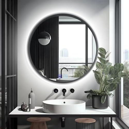 Bad-Wandspiegel rund 80 cm LED Beleuchtet mit RAHMEN LOFT ANTI-FOG 3 Lichtfarben Spiegel mit Farbeinstellung und Helligkeitseinstellung - Einstellbereich - IP44 - Groß Modern für Badezimmer