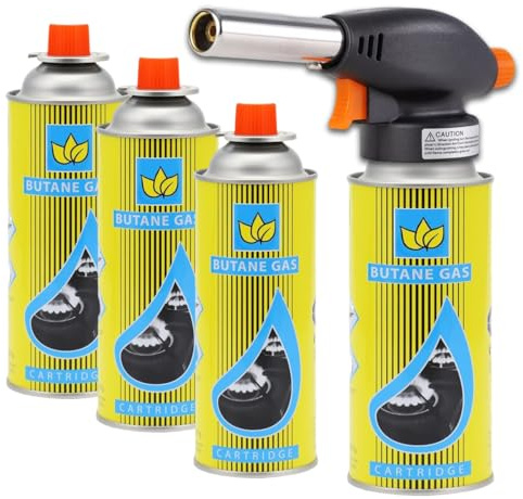 Home Beauty Blow Torch for Cooking – One-Handed Gas Torch with Adjustable Flame & Safety Lock, Fits All Butane Cartridges, Ideal for Crème Brûlée, Desserts, BBQ, Baking (Includes 4 Butane Cartridges)
