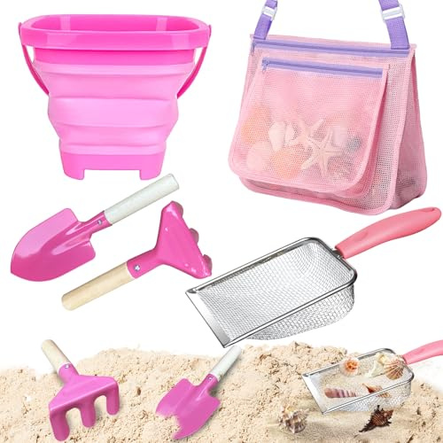 LIDAGO 5 Pcs Sand Toys Beach Set Include 1 Foldable Beach Bucket,2 Metal Shovels & 1 Sand Sifter with 1 Mesh Beach Bag for Shells Collecting